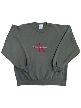 Calvin Klein Vintage Unisex Crewneck - Olive Logo Embroidered Crewneck Pullover